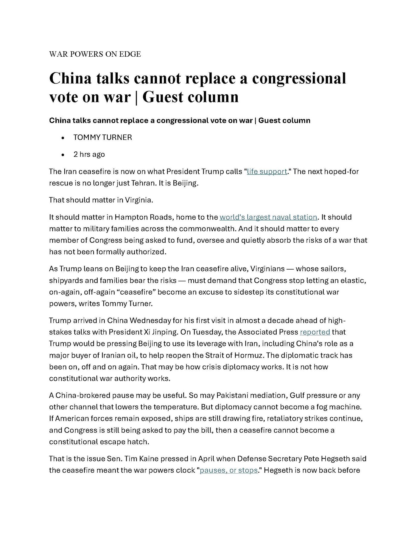 China talks cannot replace a congressional vote on war, page 1 of 4